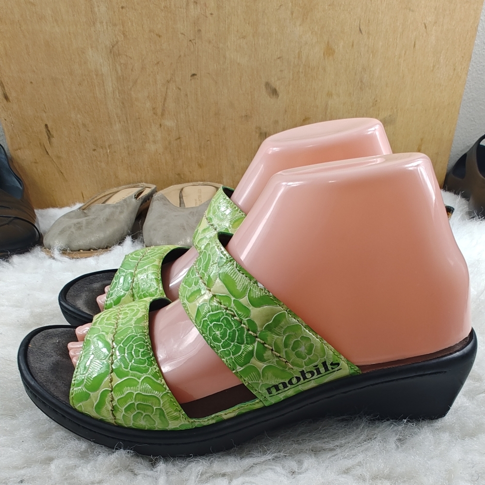 Mephisto Mobils Green Leather Flower Print 2-Strap Slide Sandals EU 39  US 8-8.5 - Picture 6 of 11